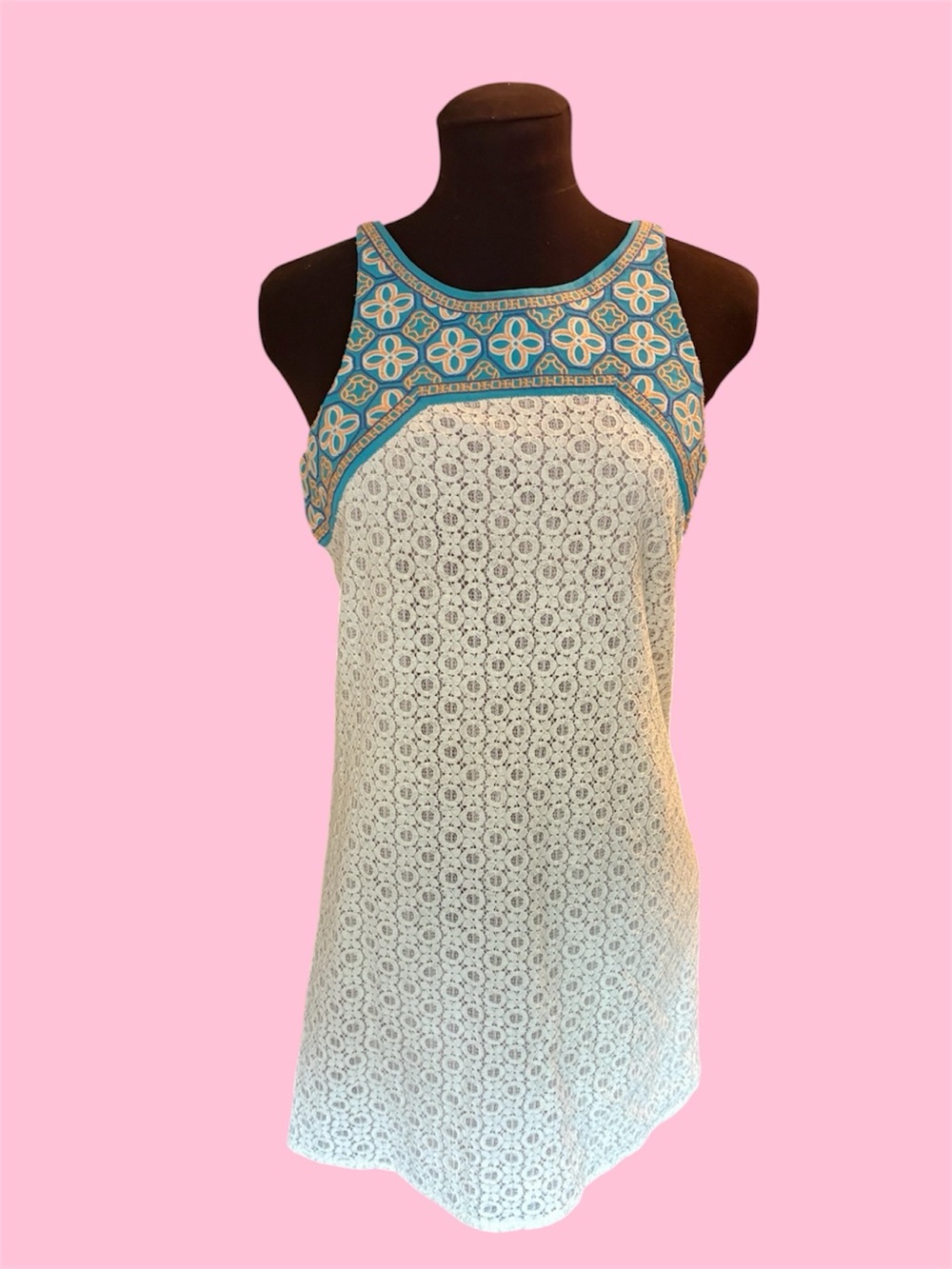 Flying Tomato White Lace Mini Dress with Turquoise Embroidered Yoke, size Small